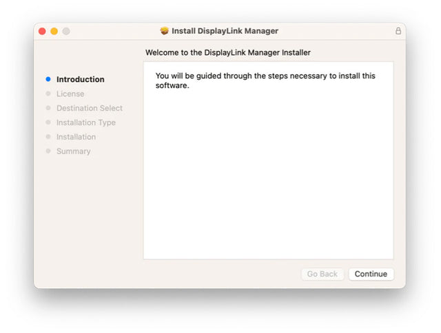 Install DisplayLink Manager window, Introduction step: Welcome to the DisplayLink Manager Installer. You will be guided through the steps necessary to install this software. Continue button.