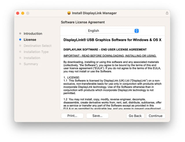 Step screenshot: Install DisplayLink Manager window on the License step showing the end user license agreement, with Continue button.