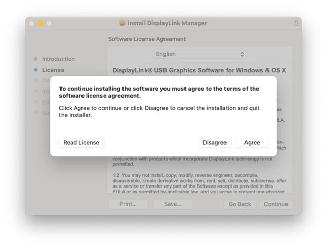 Install DisplayLink Manager window, License step, with the prompt: To continue installing the software you must agree to the terms of the software license agreement. Buttons: Read License, Disagree, Agree.