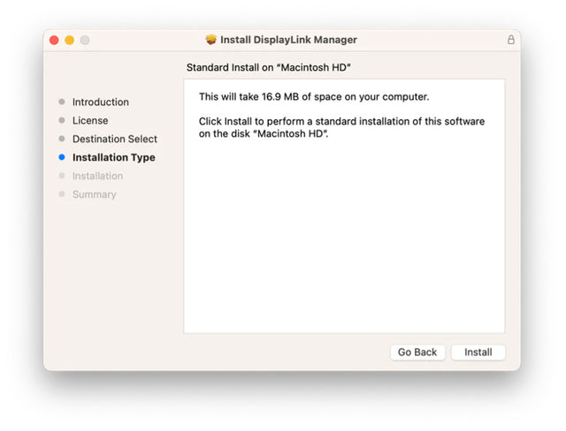 DisplayLink Manager installer at the Installation Type step: Standard Install on "Macintosh HD". This will take 16.9 MB of space on your computer. Click Install to perform a standard installation. Install button.