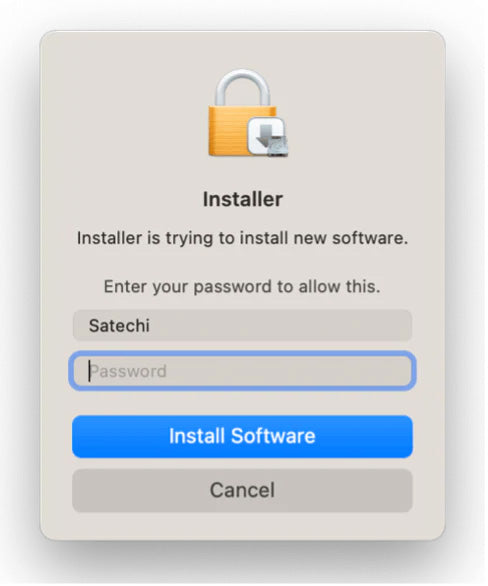 macOS Installer password prompt: Installer is trying to install new software. Enter your password to allow this. Buttons: Install Software, Cancel.