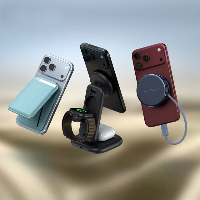 Three iPhone 18 Pros with Satechi magnetic accessories: a wallet stand, a 3-in-1 Foldable Qi2 25W Wireless Charging Stand also charging an Apple Watch and AirPods and OntheGo™ 5-in-1 Multiport Adapter.