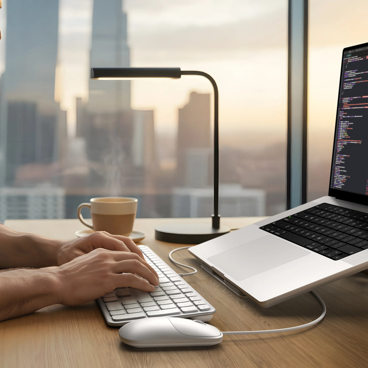 Hands typing on the Slim LX3 Wired Keyboard in Silver at a desk with a laptop and city view