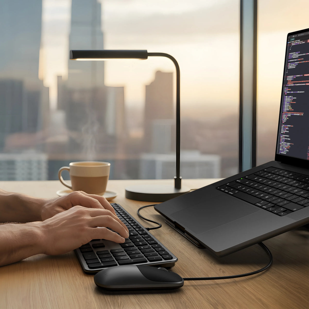Hands typing on the Slim LX3 Wired Keyboard in Space Black at a desk with a laptop and city view