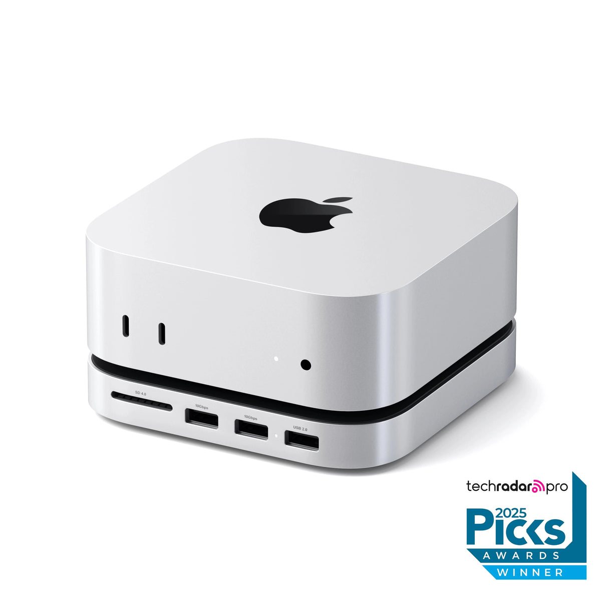 Satechi Mac Mini M6/M5 Pro/M4 Stand & Hub with SSD Enclosure in Silver under a Mac mini, front view showing SD slot and USB-A ports, with TechRadar Pro 2025 Picks Awards winner badge
