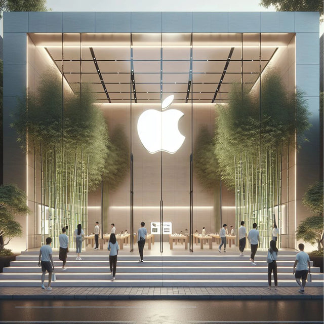 Rendering of an Apple Store entrance with glass walls, a lit Apple logo, bamboo plants and people on the front steps.
