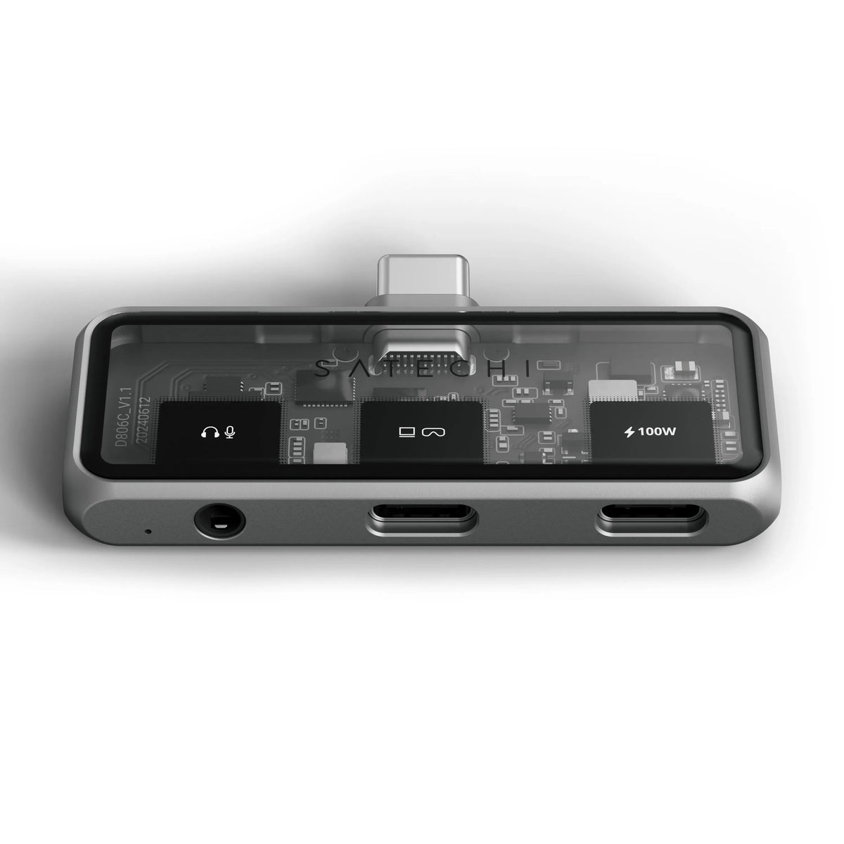Mobile XR Hub with Audio, top view showing audio, XR display and 100W charging port labels