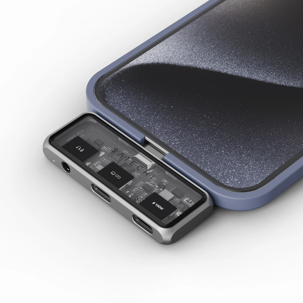Mobile XR Hub with Audio plugged into an iPhone, close up