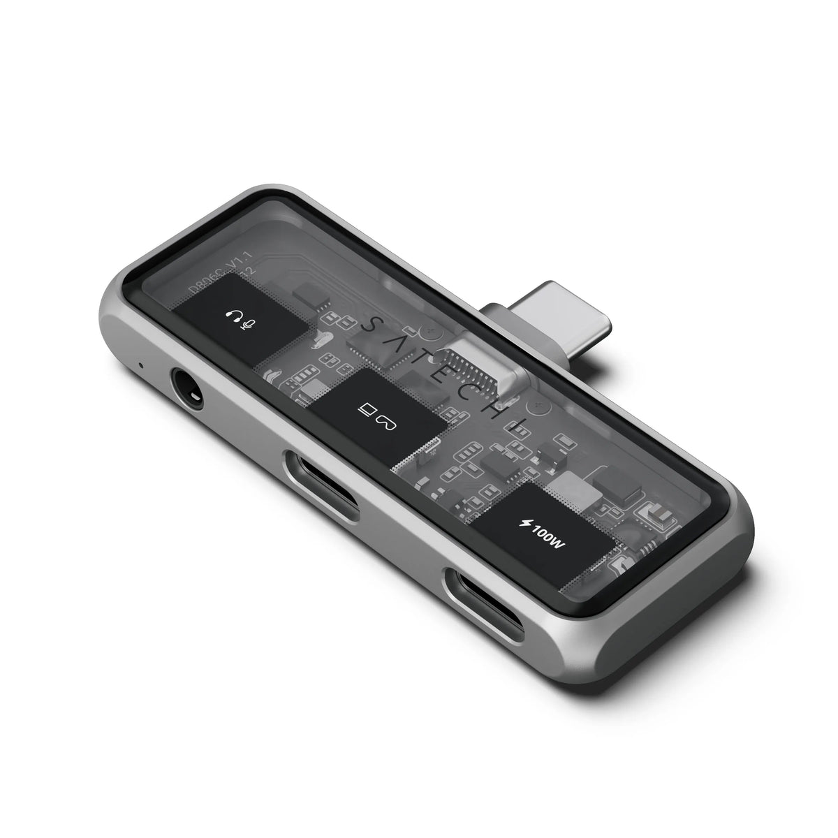 Satechi Mobile XR Hub with Audio, angled view of the transparent top and headphone jack