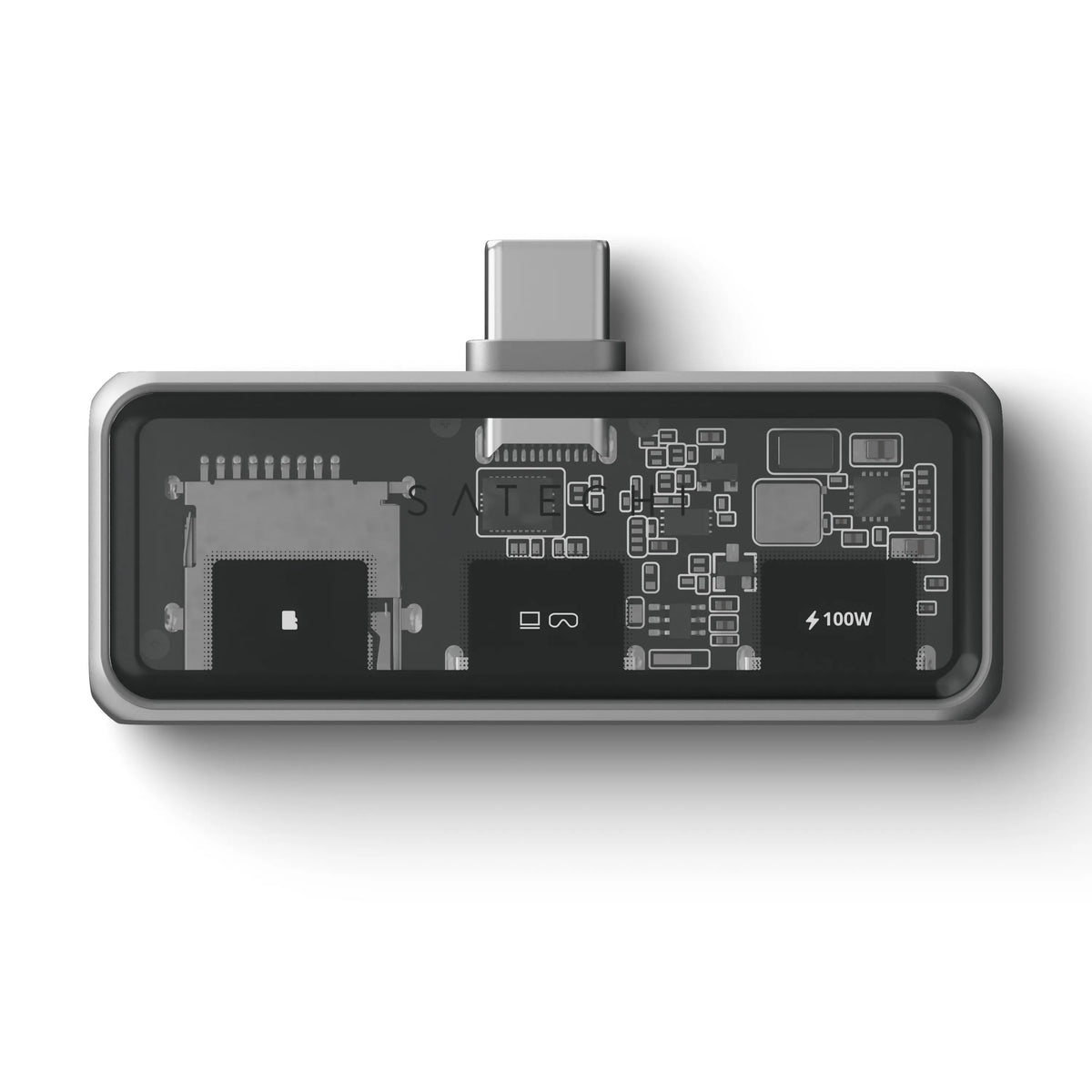 Mobile XR Hub with microSD Reader, top view showing microSD, XR display and 100W charging port labels