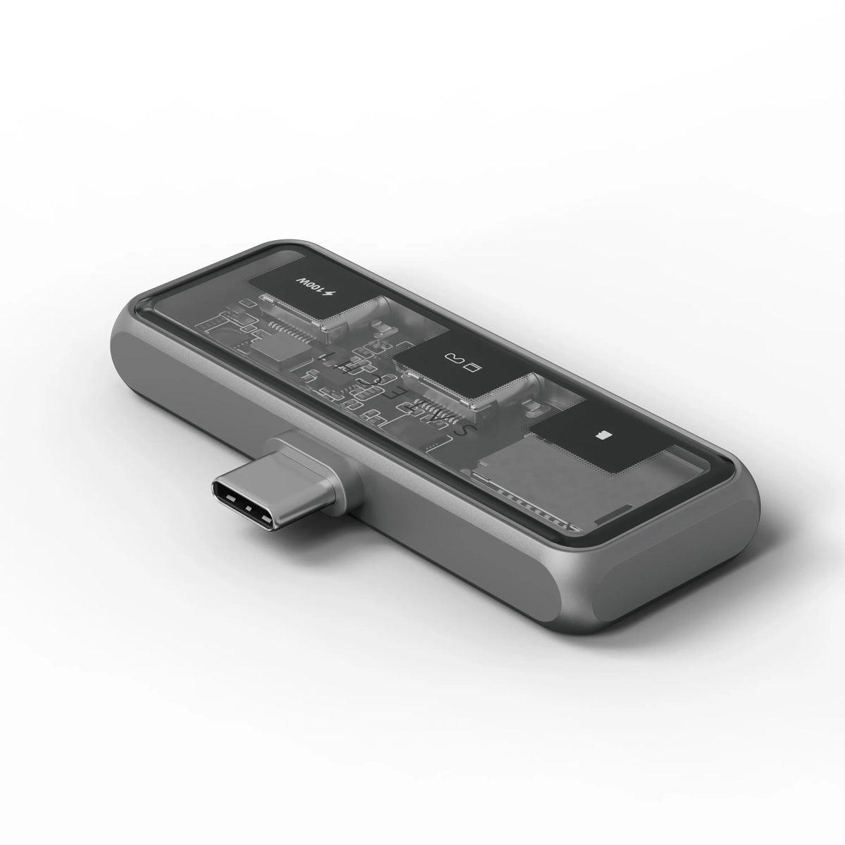 Mobile XR Hub with microSD Reader, angled view of the USB-C plug