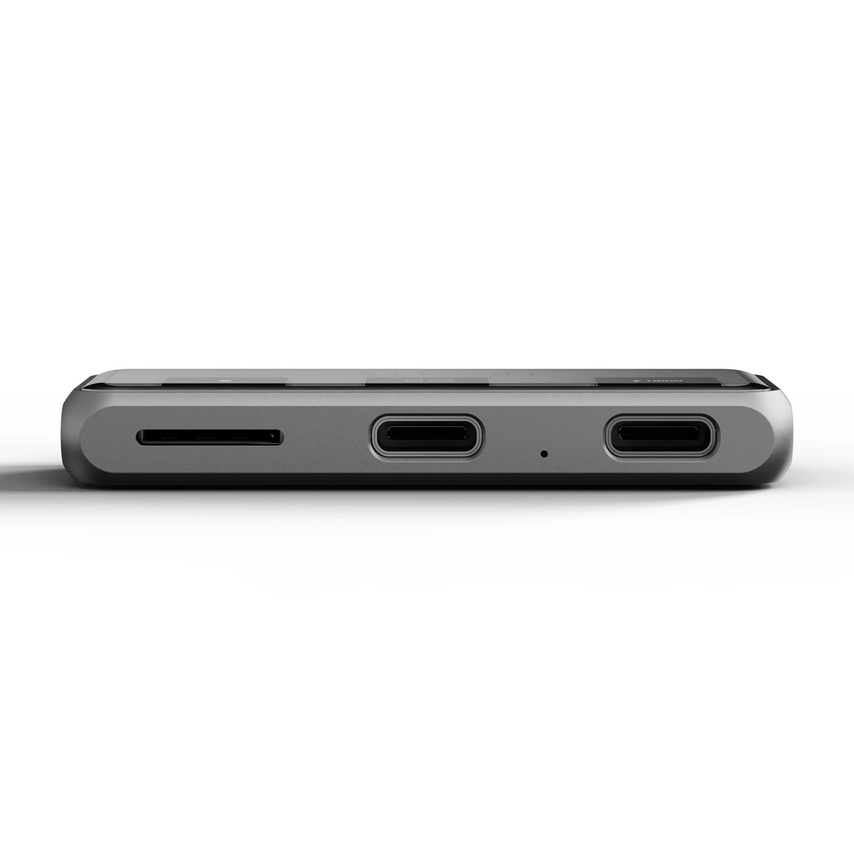 Mobile XR Hub with microSD Reader, edge view showing microSD slot and two USB-C ports