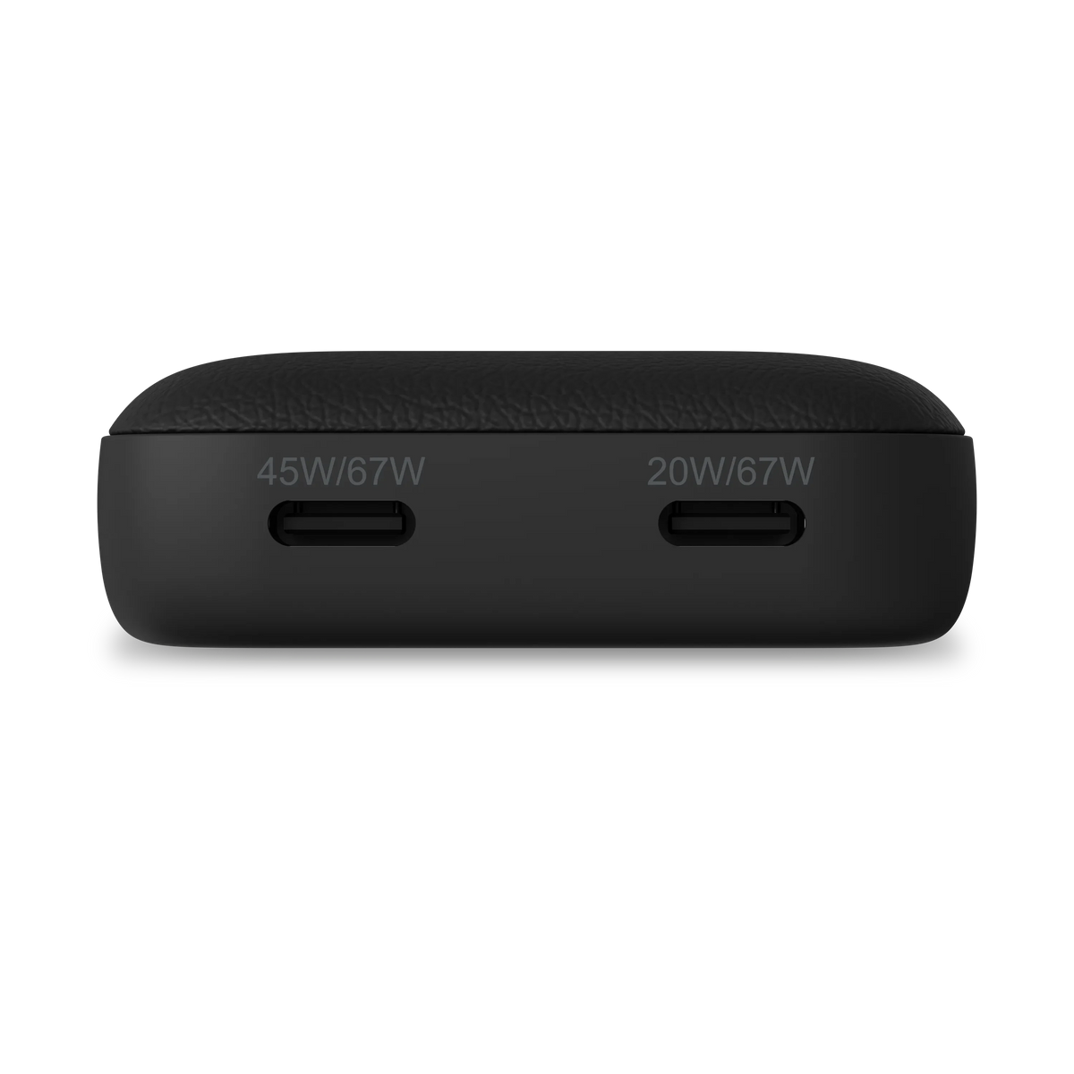 OntheGo 67W Slim Wall Charger in Black, end view showing two USB-C ports labeled 45W/67W and 20W/67W