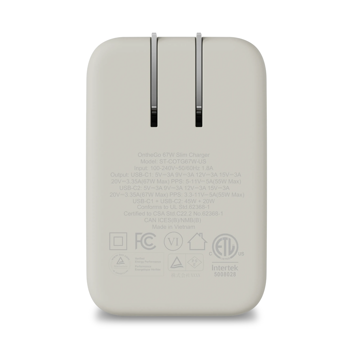 OntheGo 67W Slim Wall Charger in Sand, back view with certification labels