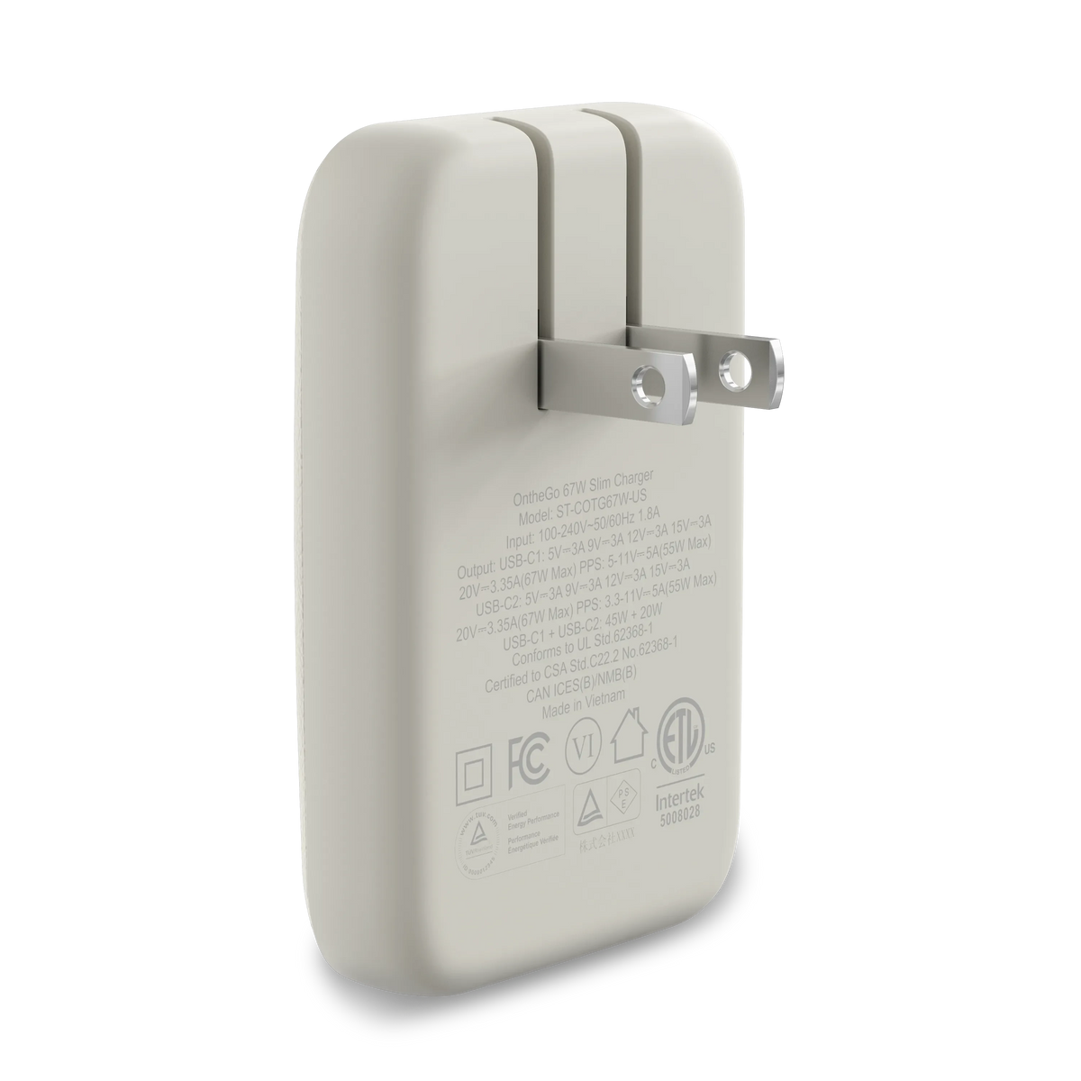 OntheGo 67W Slim Wall Charger in Sand, back view with prongs extended