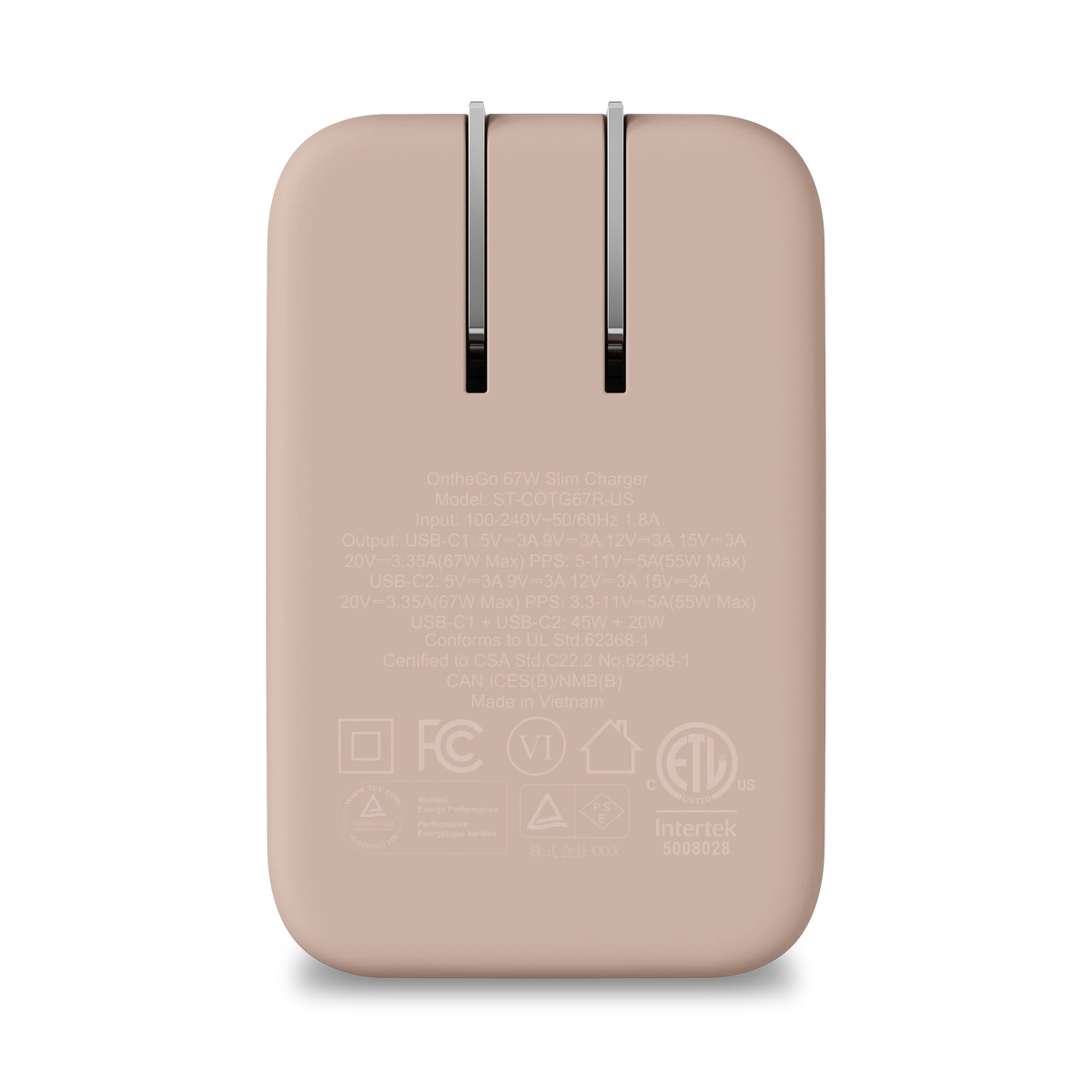 OntheGo 67W Slim Wall Charger in Desert Rose, back view with certification labels