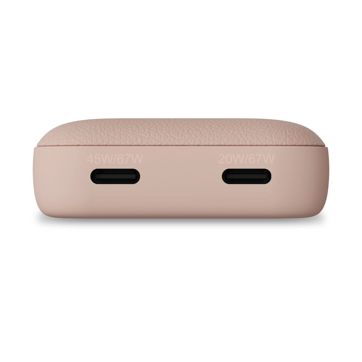 OntheGo 67W Slim Wall Charger in Desert Rose, end view showing two USB-C ports labeled 45W/67W and 20W/67W