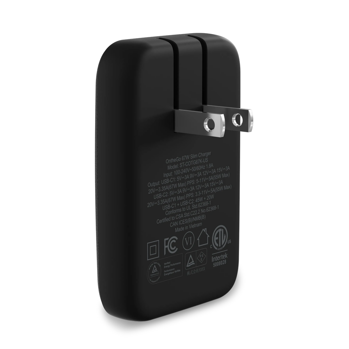 OntheGo 67W Slim Wall Charger in Black, back view with prongs extended