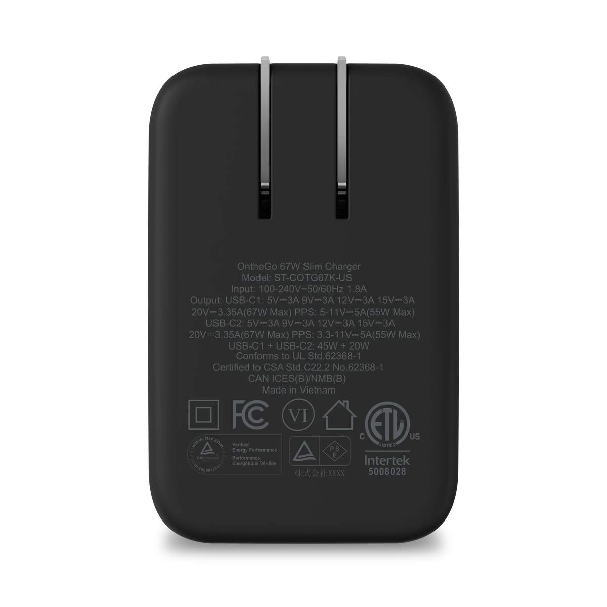 OntheGo 67W Slim Wall Charger in Black, back view with certification labels