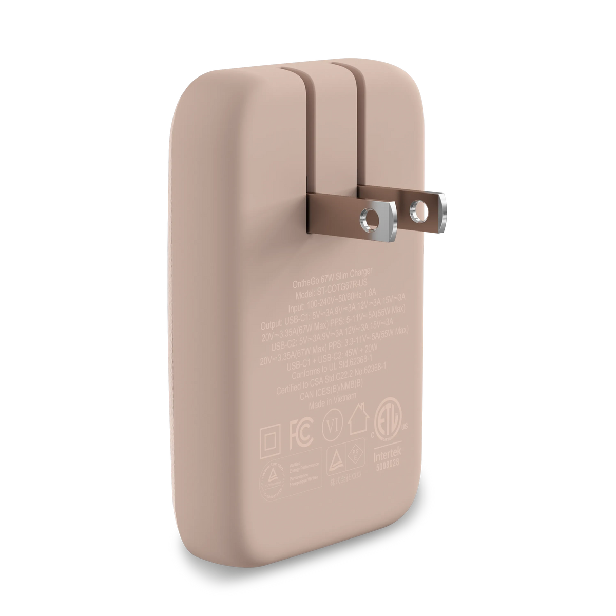 OntheGo 67W Slim Wall Charger in Desert Rose, back view with prongs extended