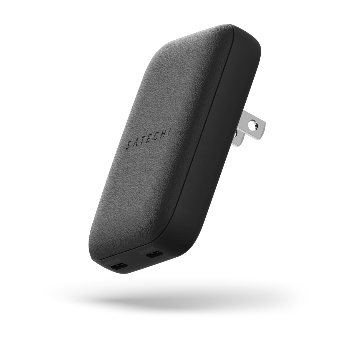 OntheGo 67W Slim Wall Charger in Black, angled view with folding prongs