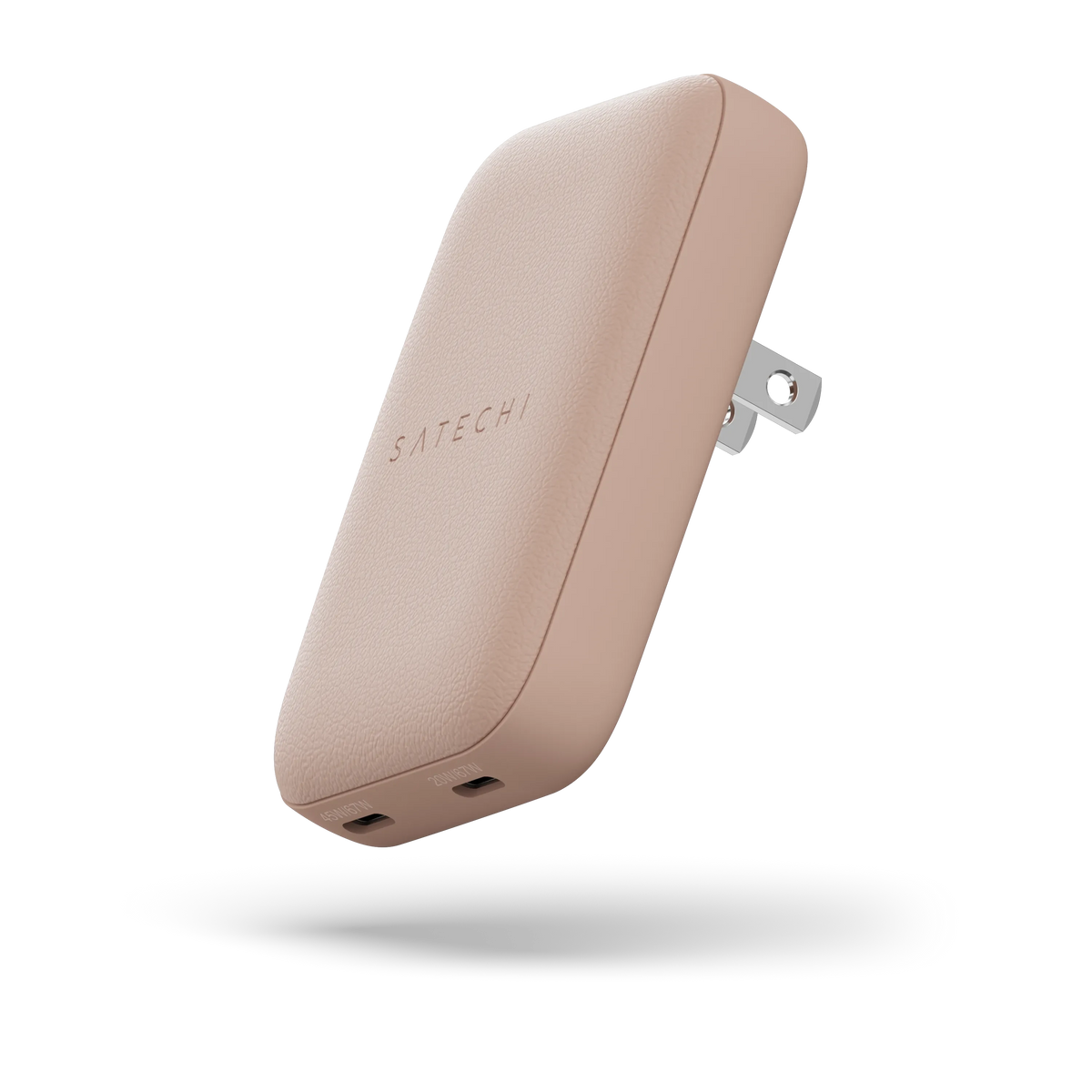 OntheGo 67W Slim Wall Charger in Desert Rose, angled view with folding prongs