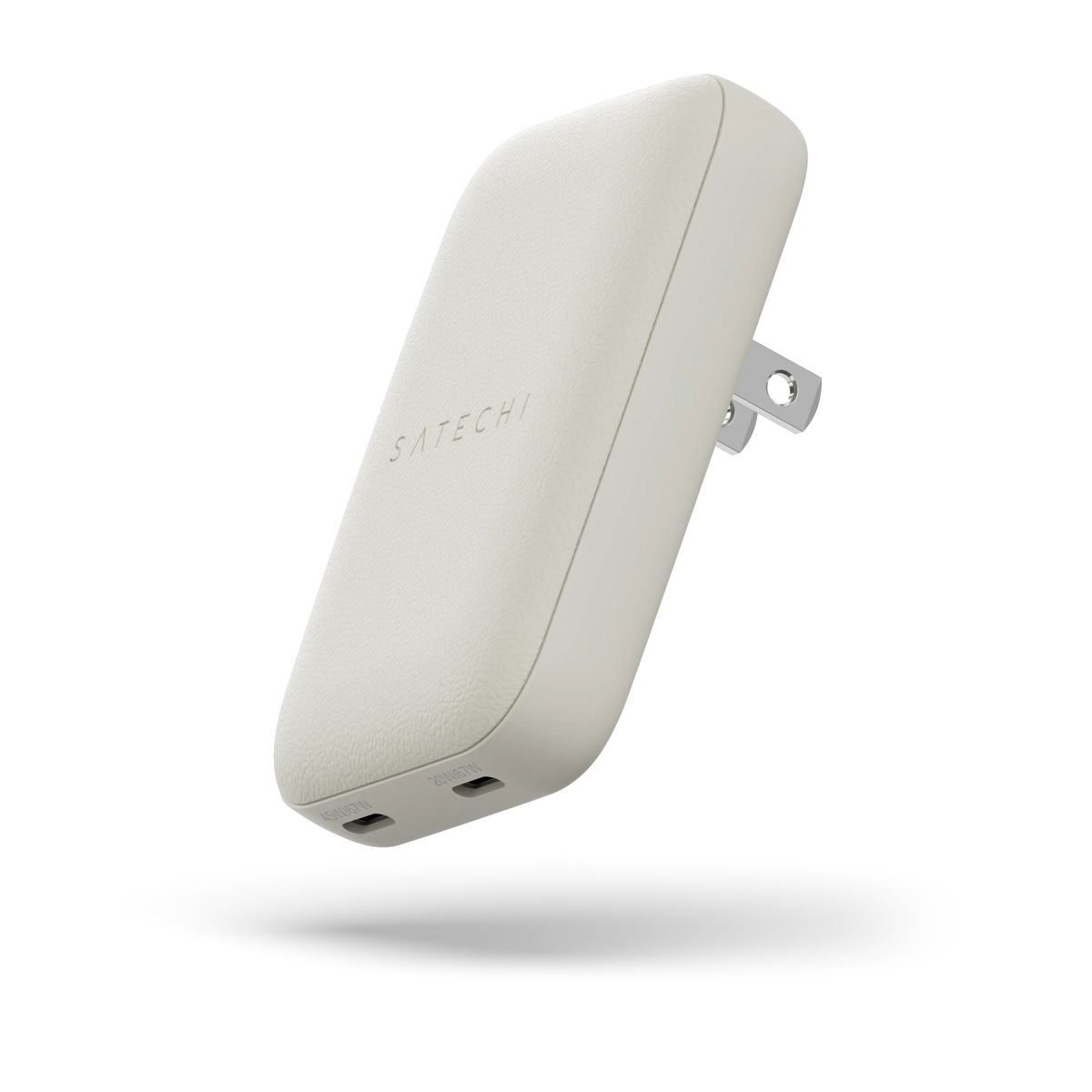 OntheGo 67W Slim Wall Charger in Sand, angled view with folding prongs