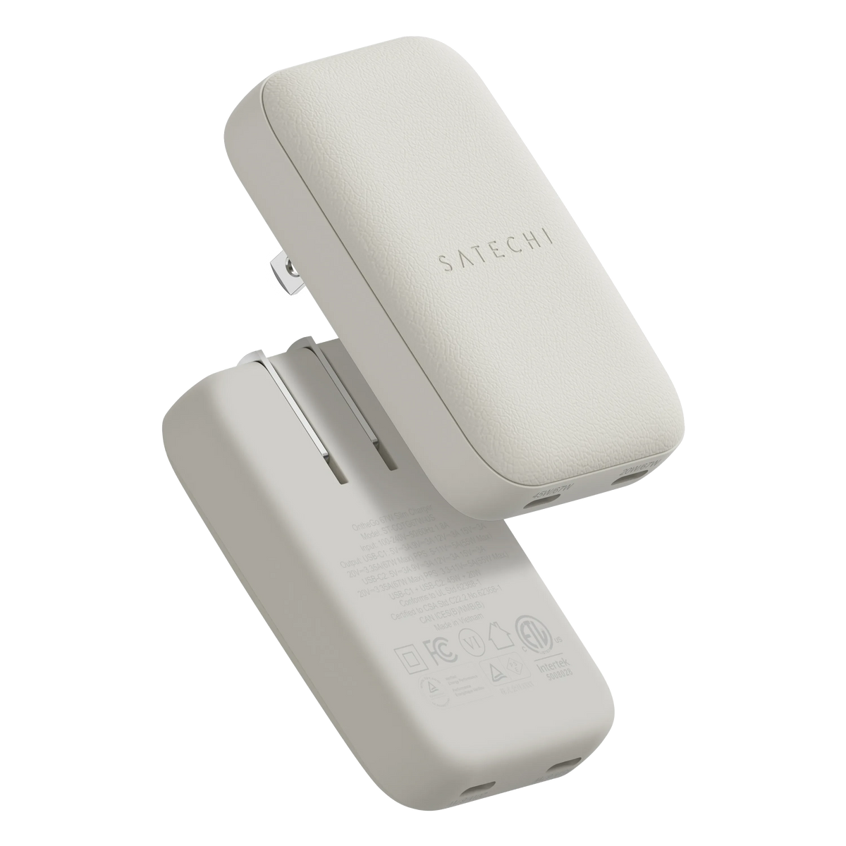 Satechi OntheGo 67W Slim Wall Charger in Sand, front and back views
