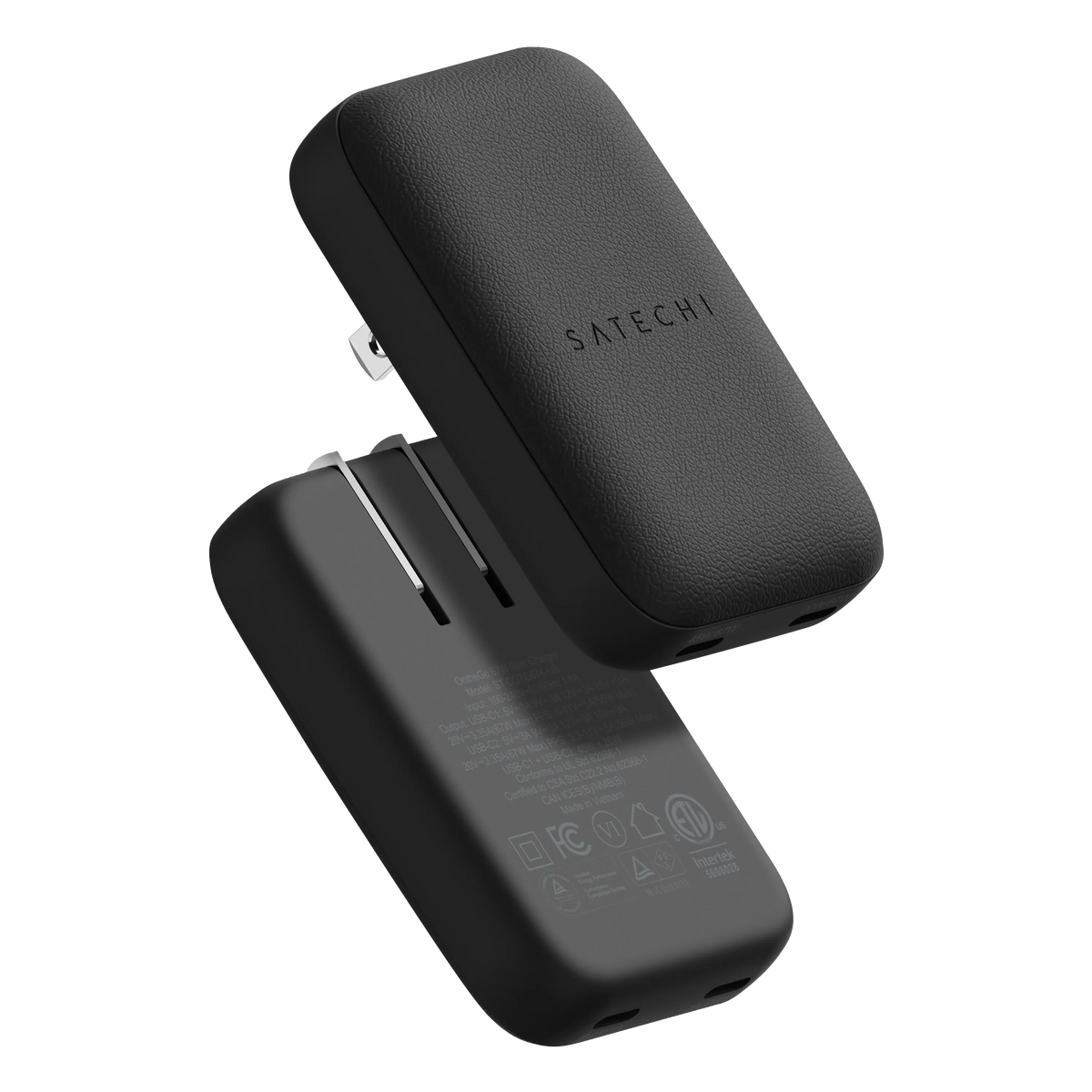 Satechi OntheGo 67W Slim Wall Charger in Black, front and back views