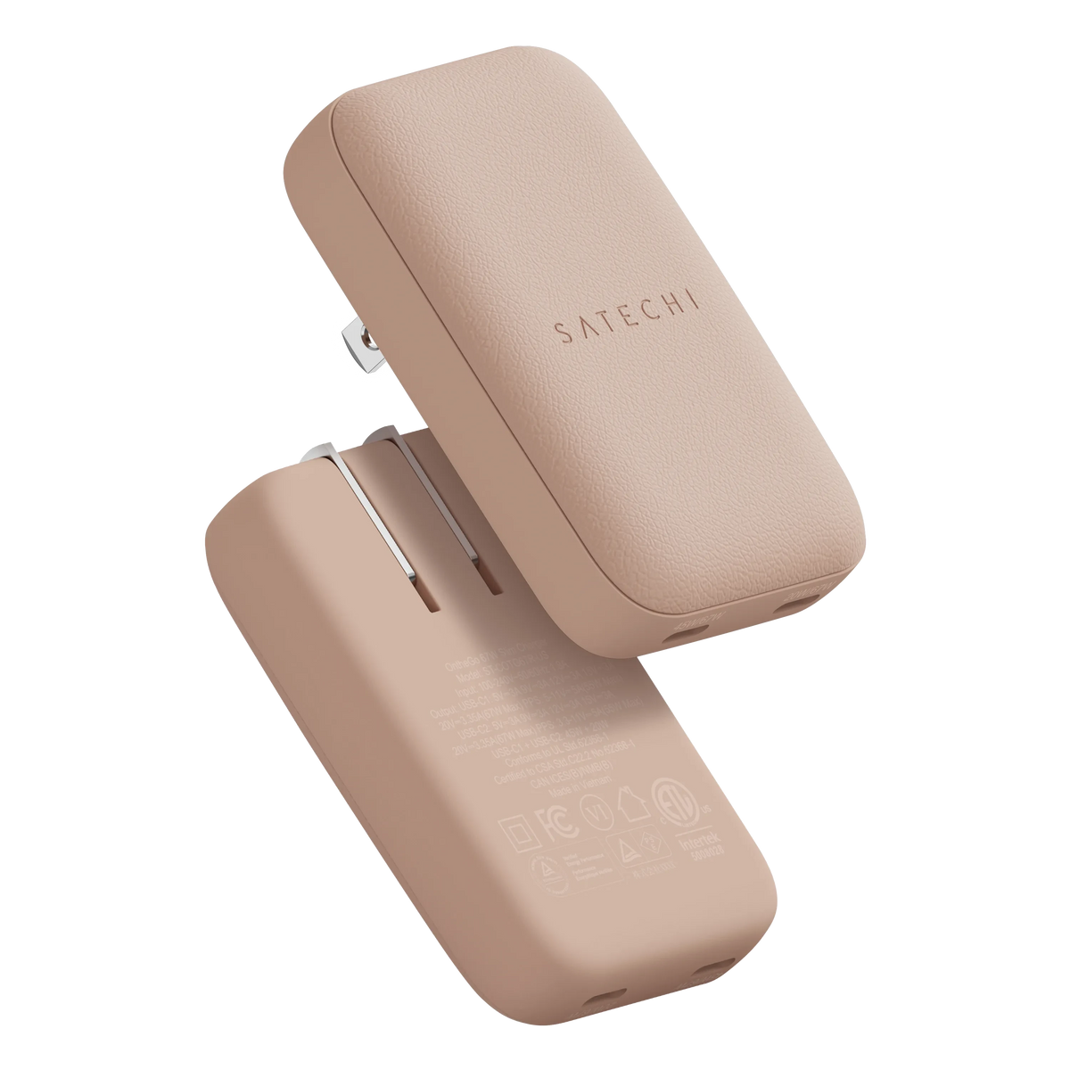Satechi OntheGo 67W Slim Wall Charger in Desert Rose, front and back views