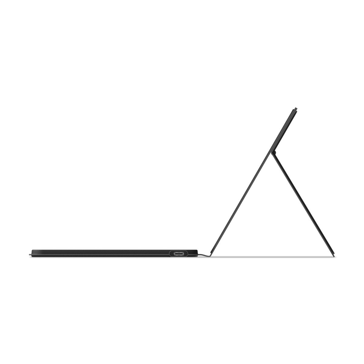 OntheGo Bluetooth Keyboard with Stand in Black, side profile with stand open