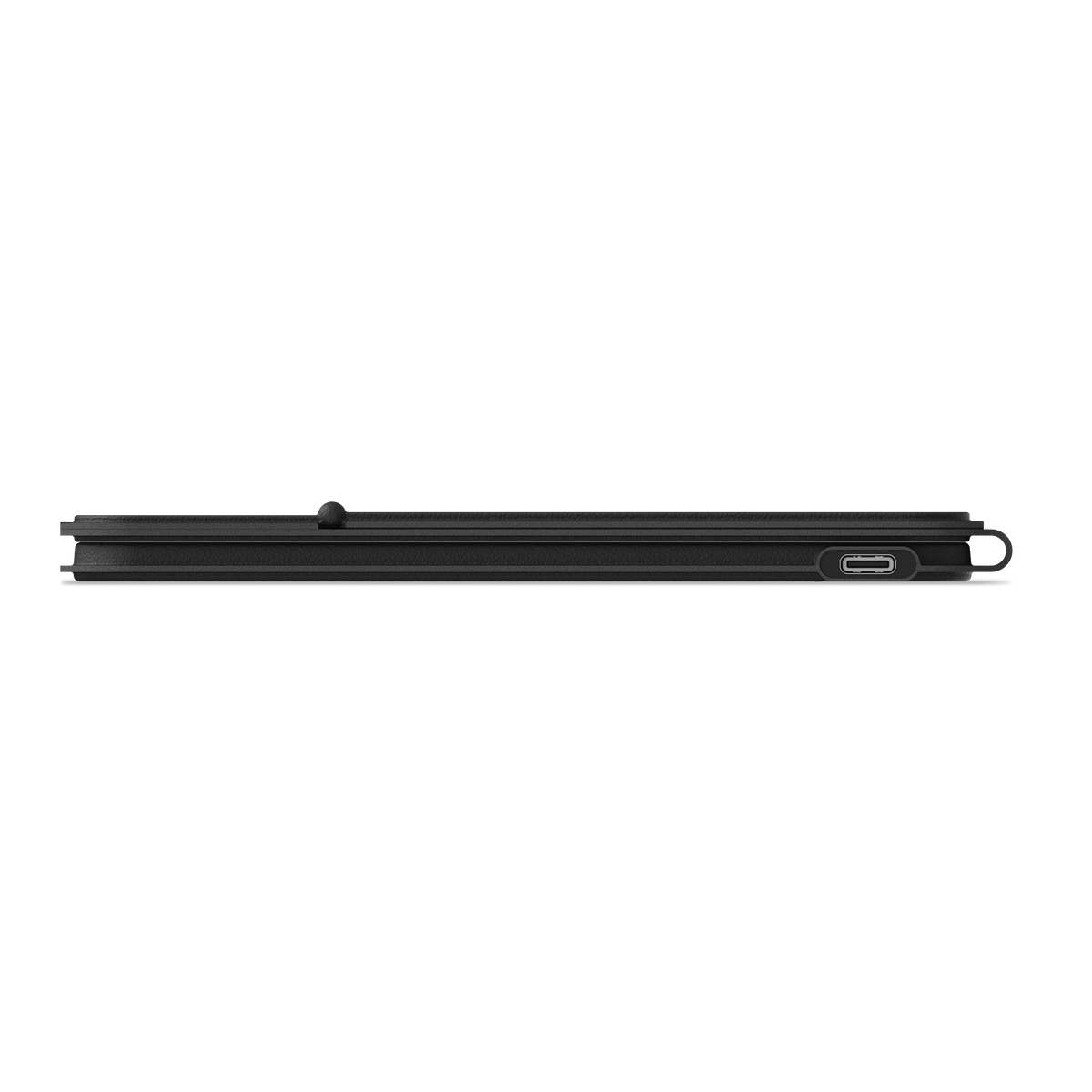 OntheGo Bluetooth Keyboard with Stand in Black, folded, edge view showing USB-C port
