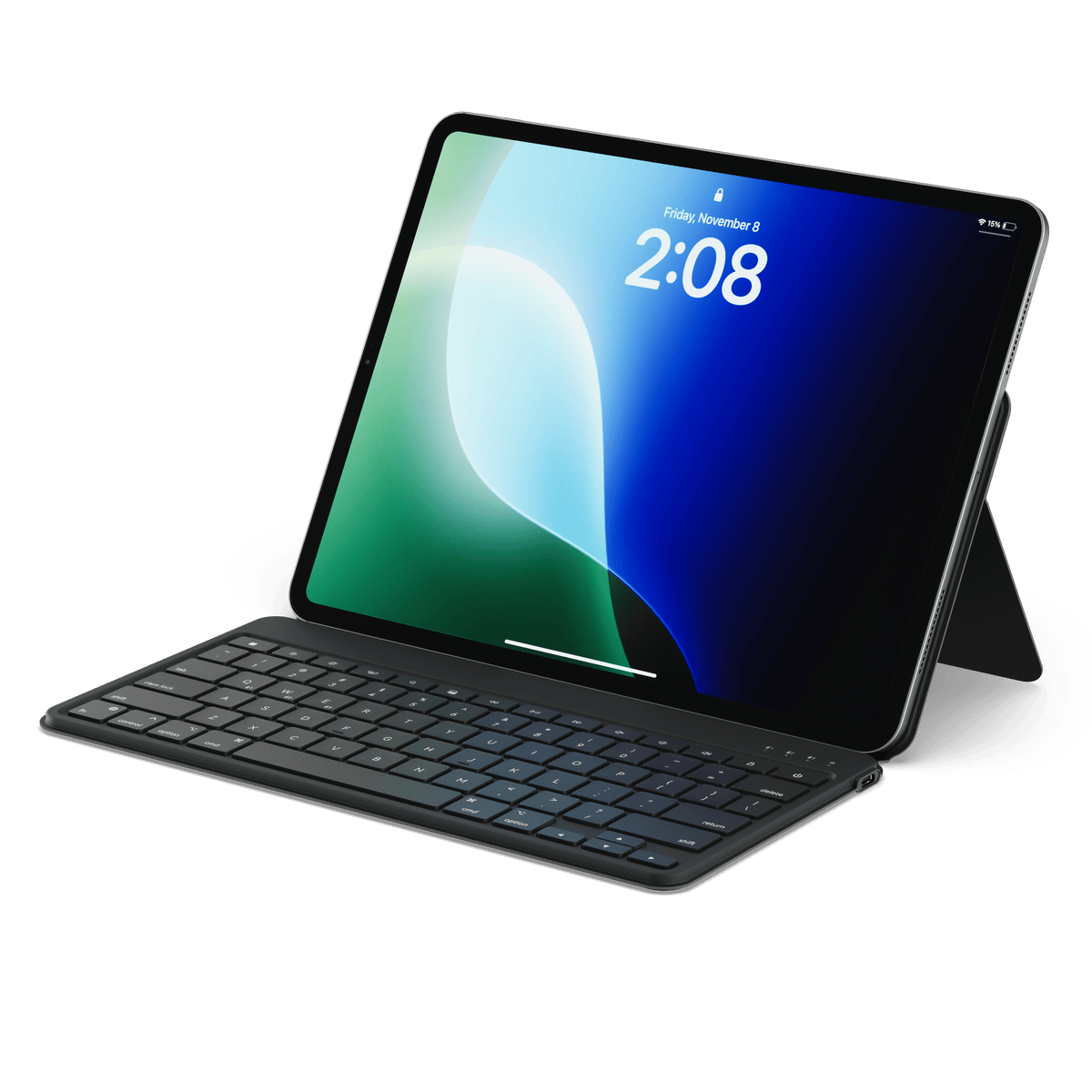 Satechi OntheGo Bluetooth Keyboard with Stand in Black, holding an iPad