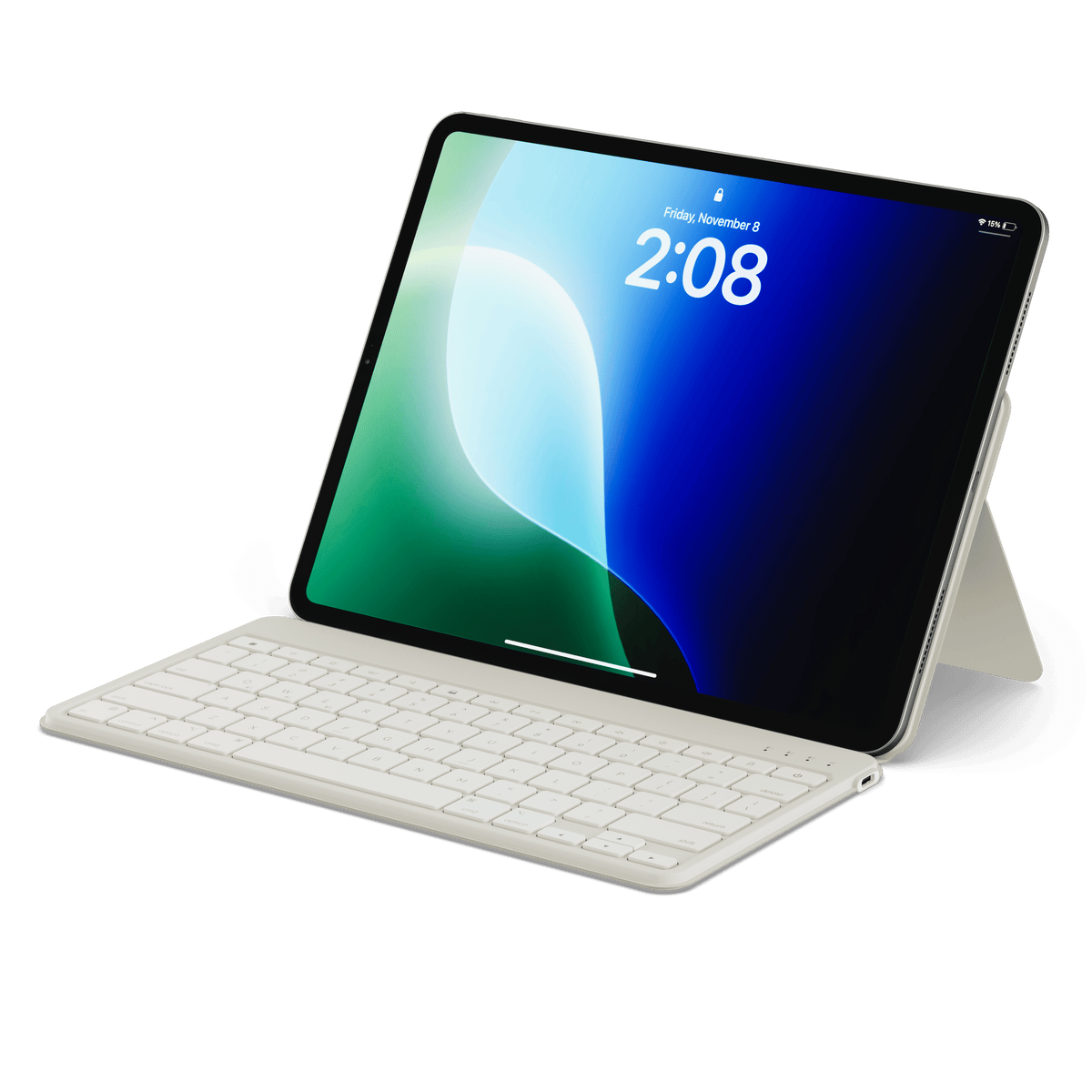 Satechi OntheGo Bluetooth Keyboard with Stand in Sand, holding an iPad