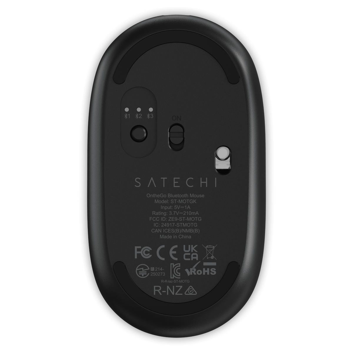 OntheGo Bluetooth Mouse in Black, underside with power switch