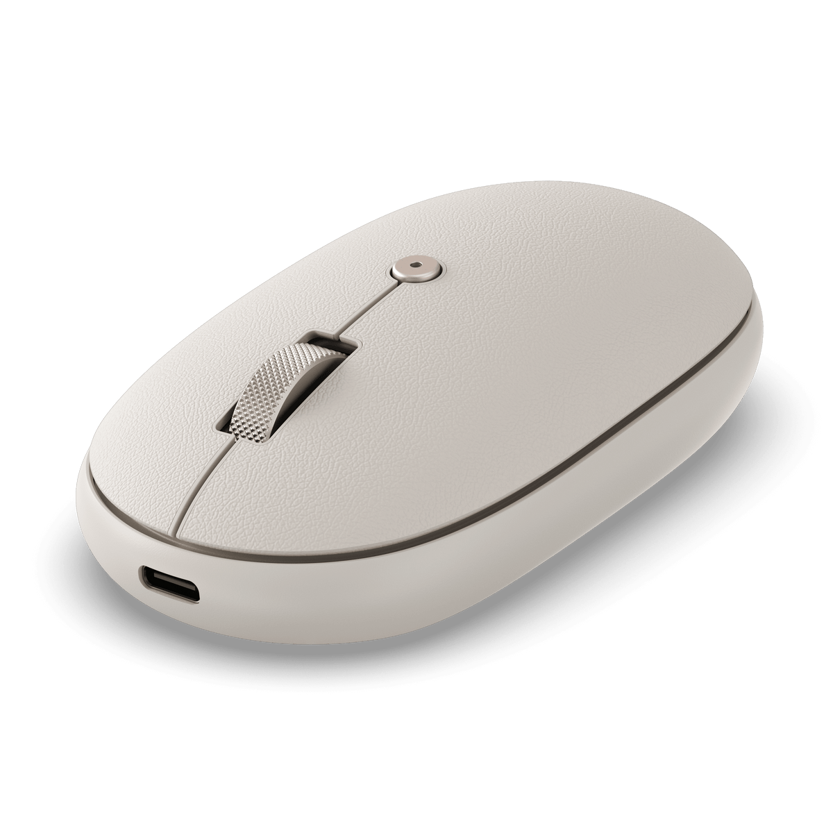 OntheGo Bluetooth Mouse in Sand, angled view showing USB-C port