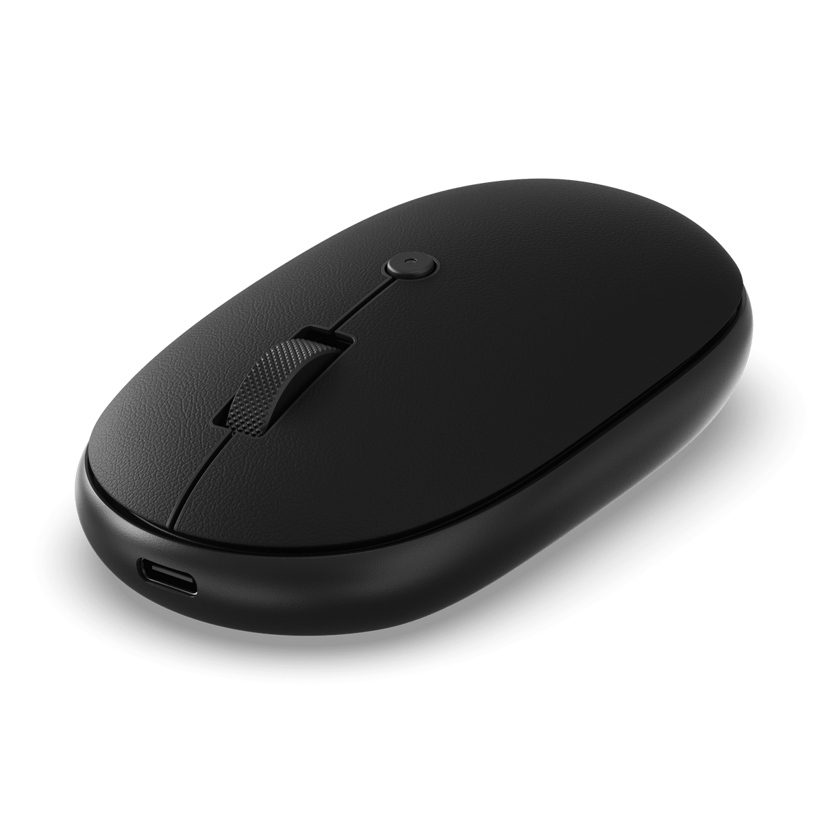 OntheGo Bluetooth Mouse in Black, angled view showing USB-C port