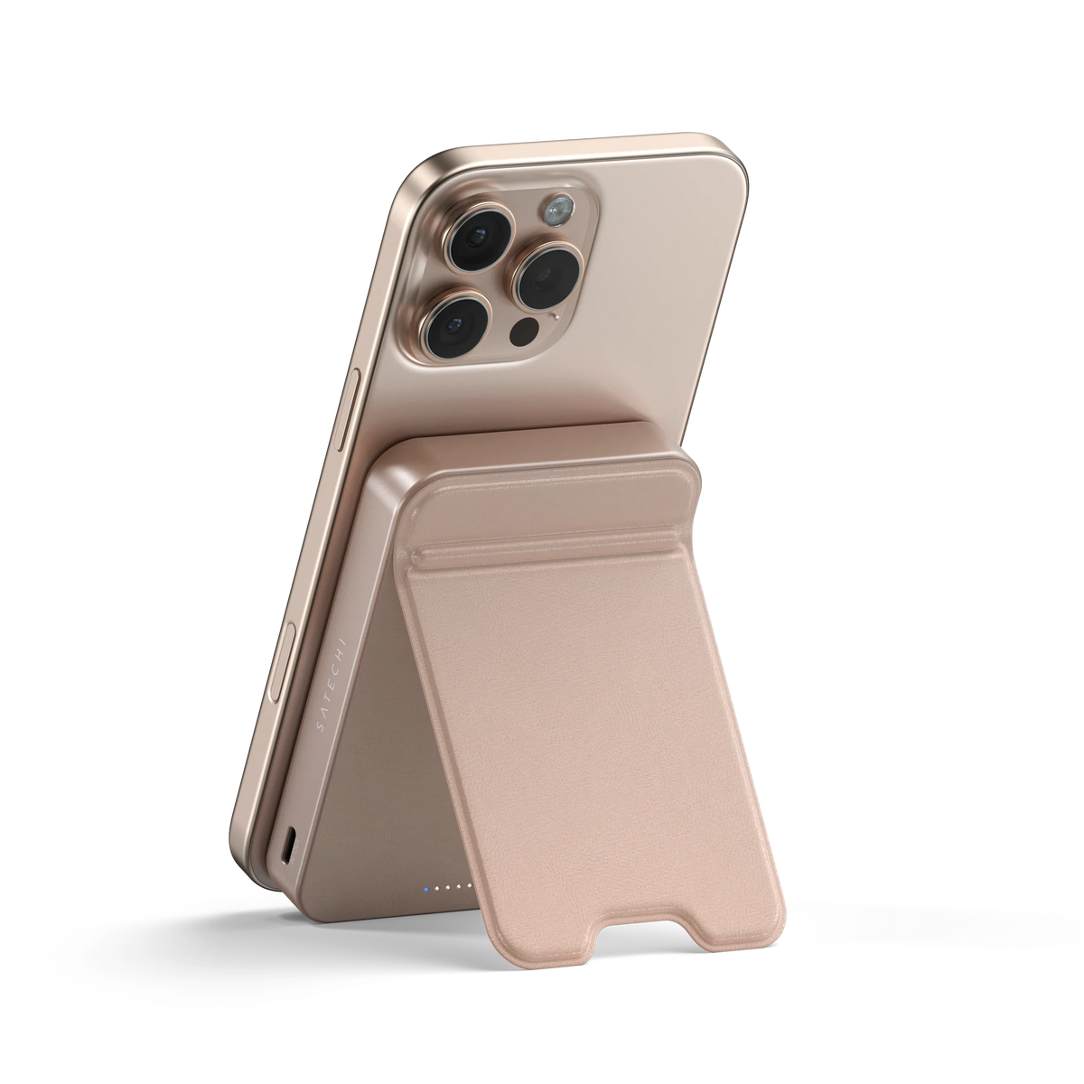 OntheGo Power Bank (10K) in Desert Rose propping up an iPhone