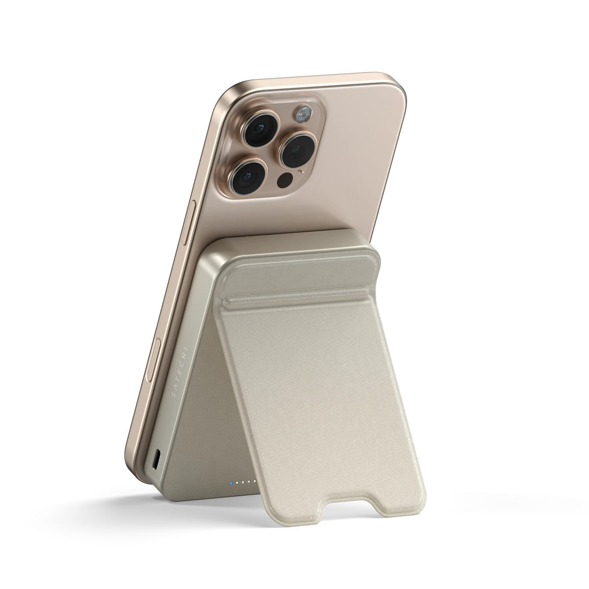 OntheGo Power Bank (10K) in Sand propping up an iPhone