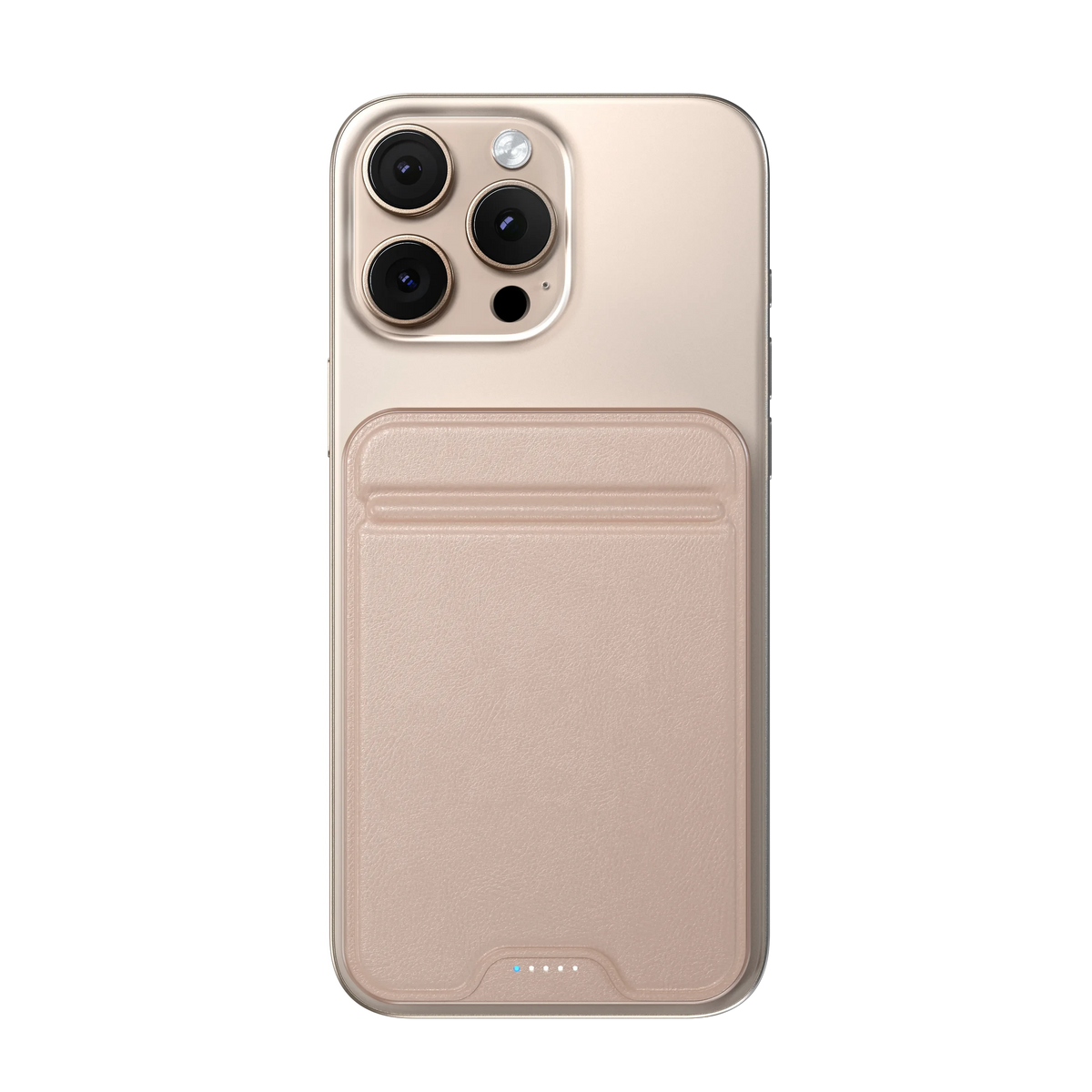 OntheGo Power Bank (10K) in Desert Rose attached to the back of an iPhone