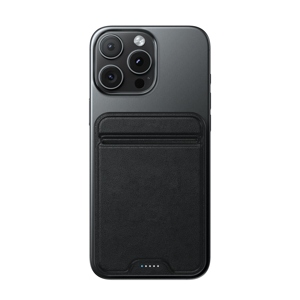 OntheGo Power Bank (10K) in Black attached to the back of an iPhone