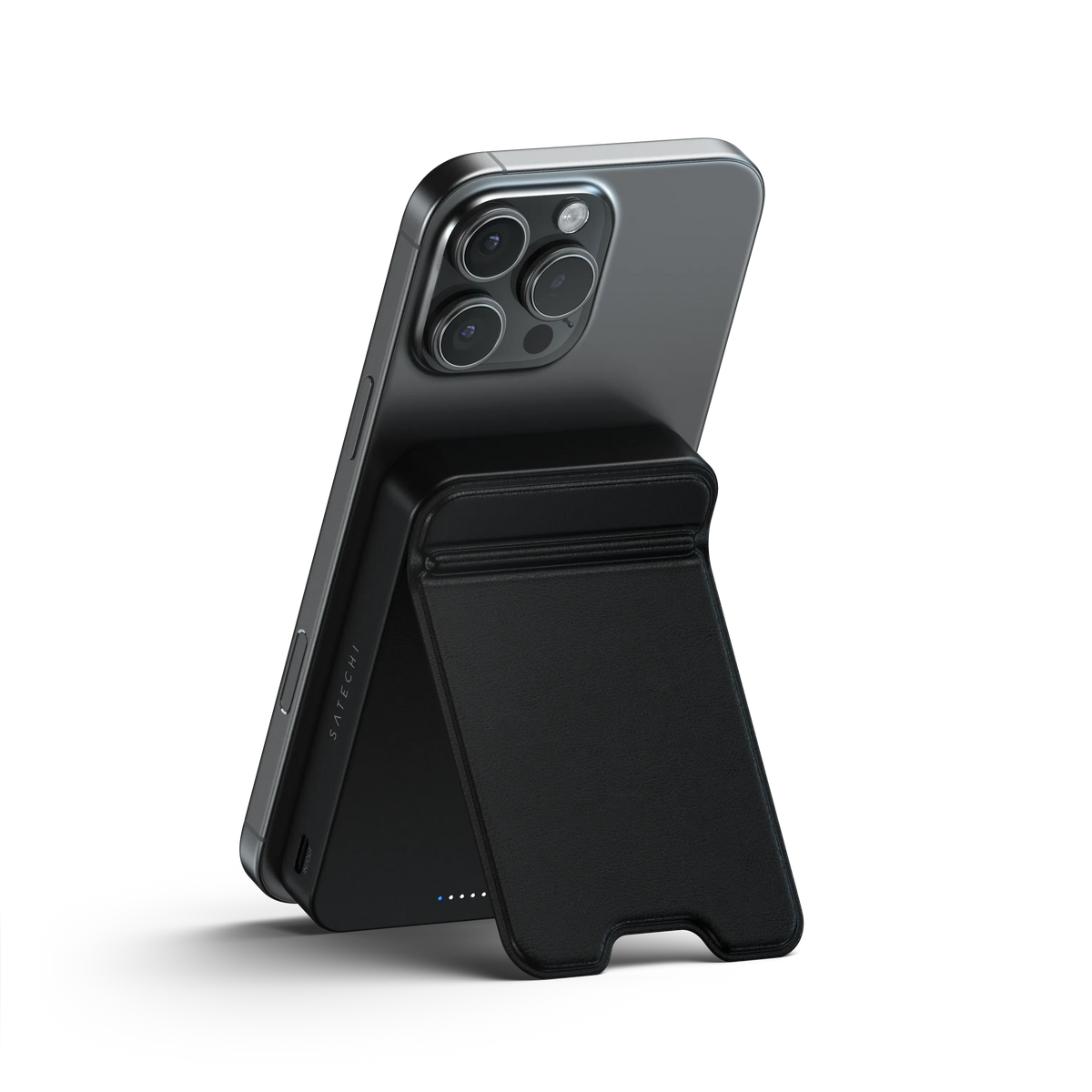 OntheGo Power Bank (10K) in Black propping up an iPhone