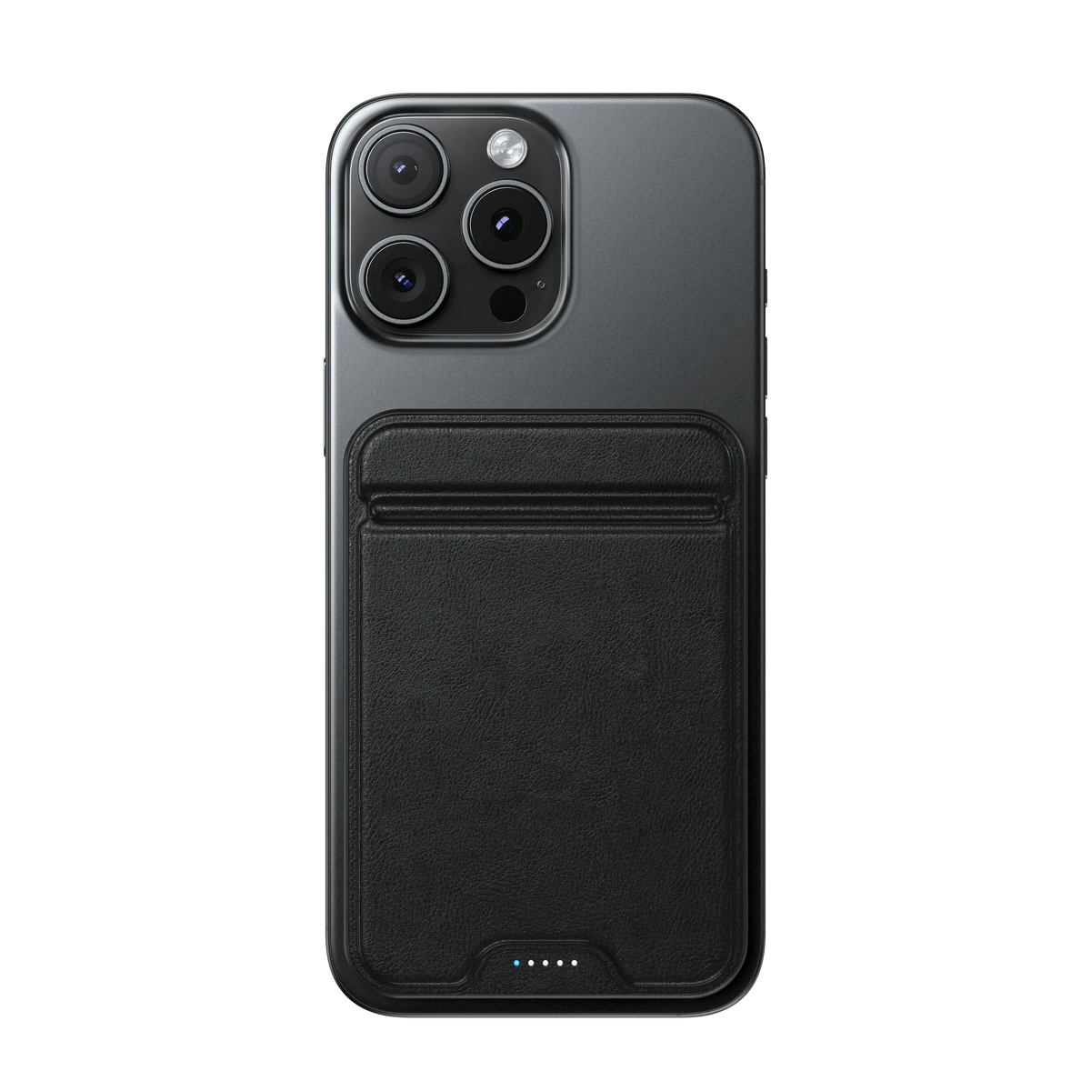 OntheGo Power Bank (5K) in Black attached to the back of an iPhone
