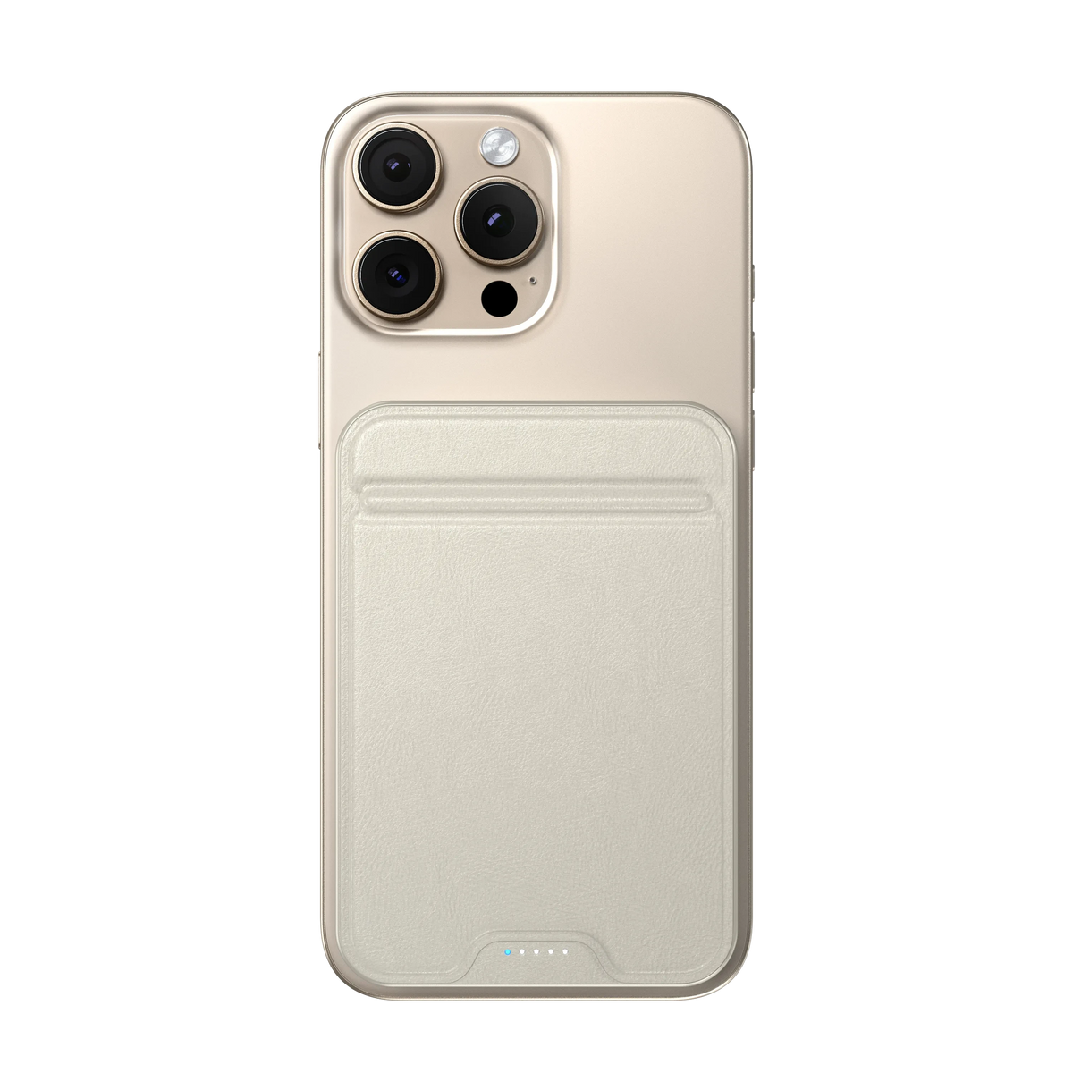 OntheGo Power Bank (5K) in Sand attached to the back of an iPhone