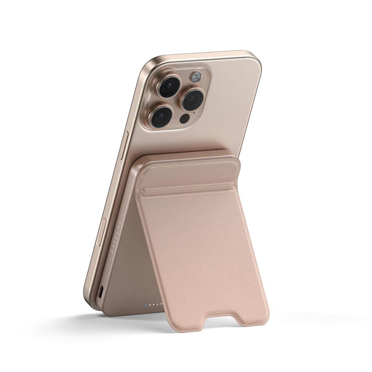 OntheGo Power Bank (5K) in Desert Rose propping up an iPhone