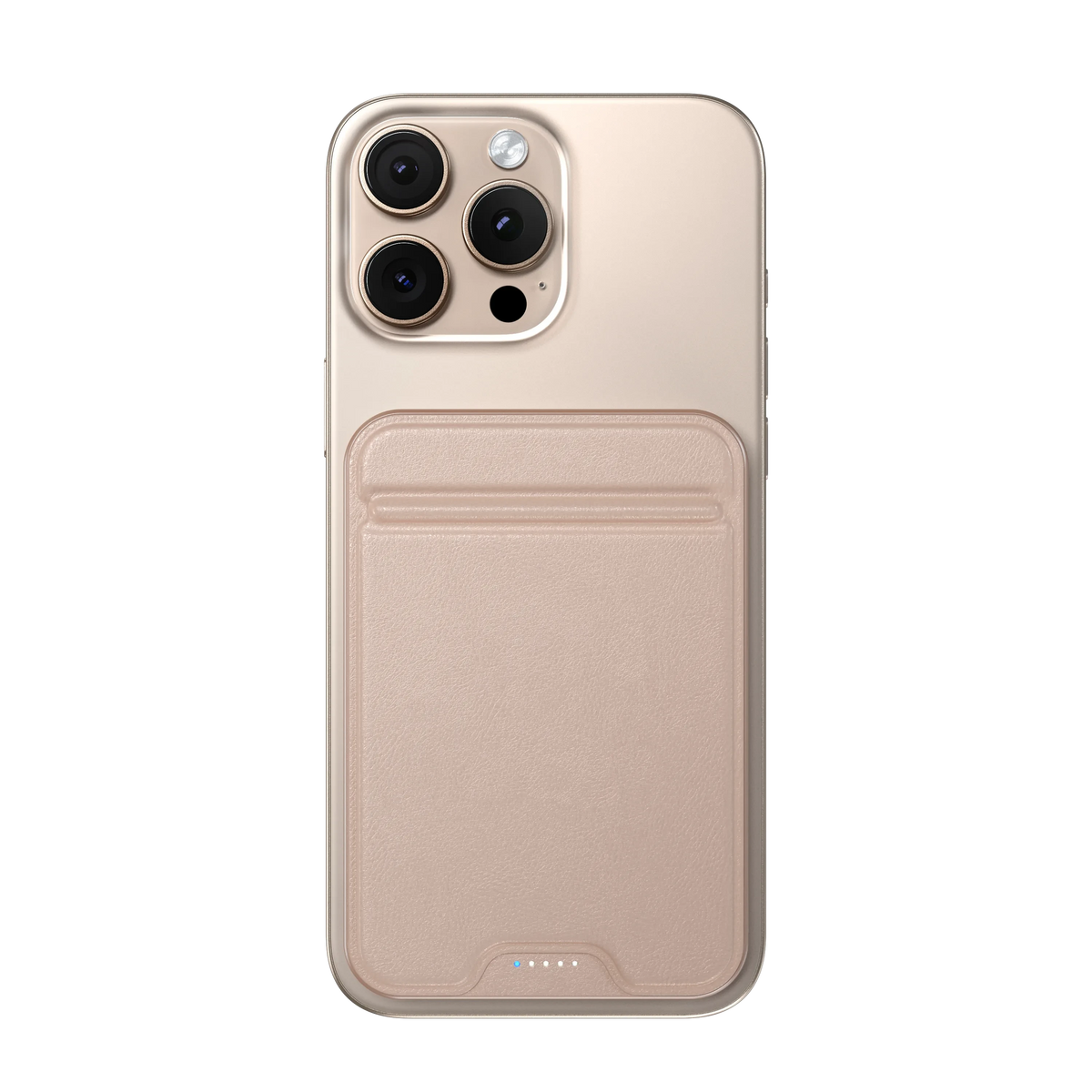 OntheGo Power Bank (5K) in Desert Rose attached to the back of an iPhone