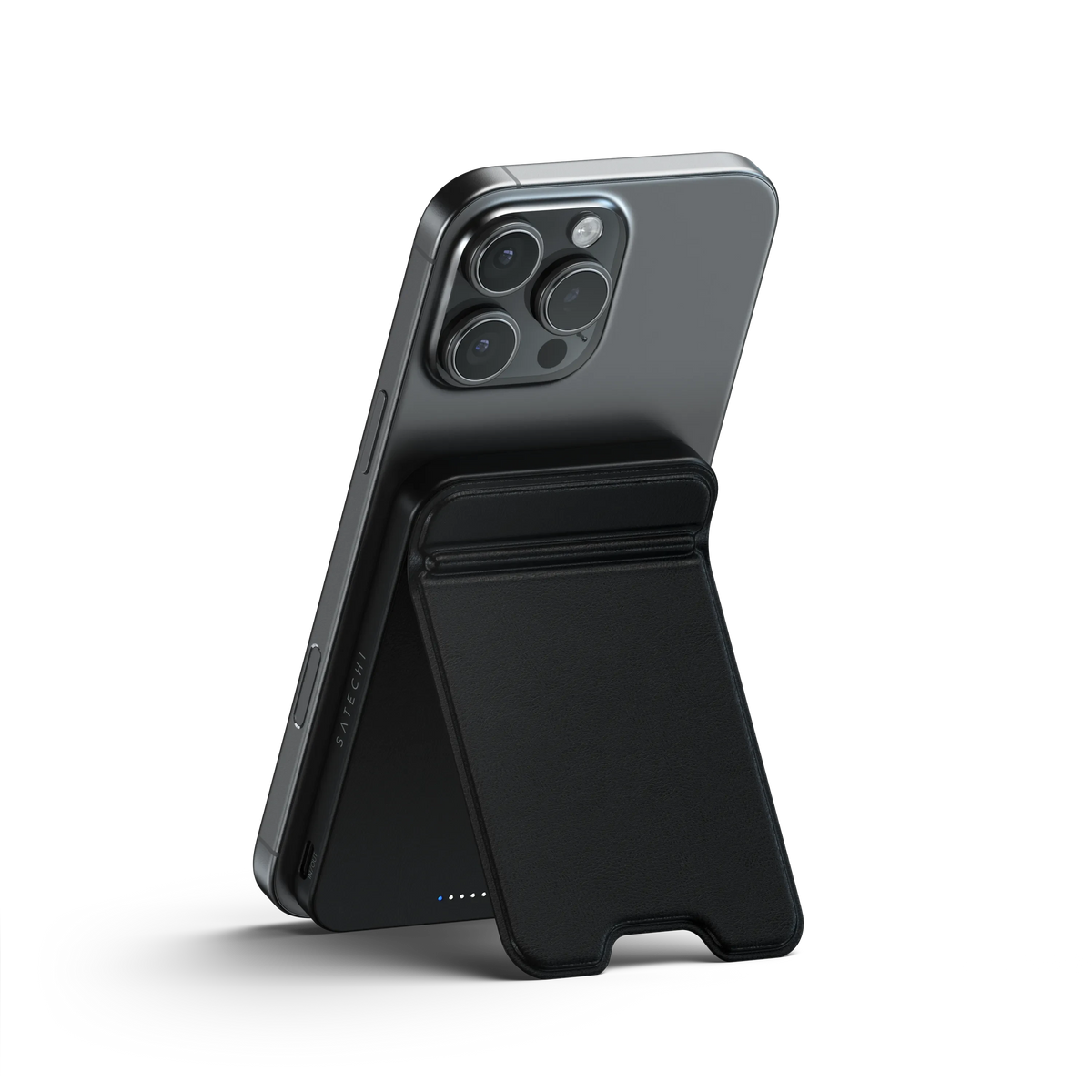 OntheGo Power Bank (5K) in Black propping up an iPhone