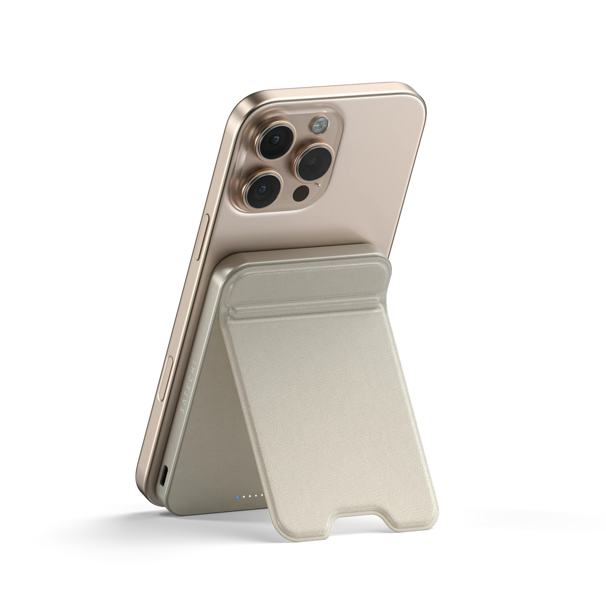 OntheGo Power Bank (5K) in Sand propping up an iPhone