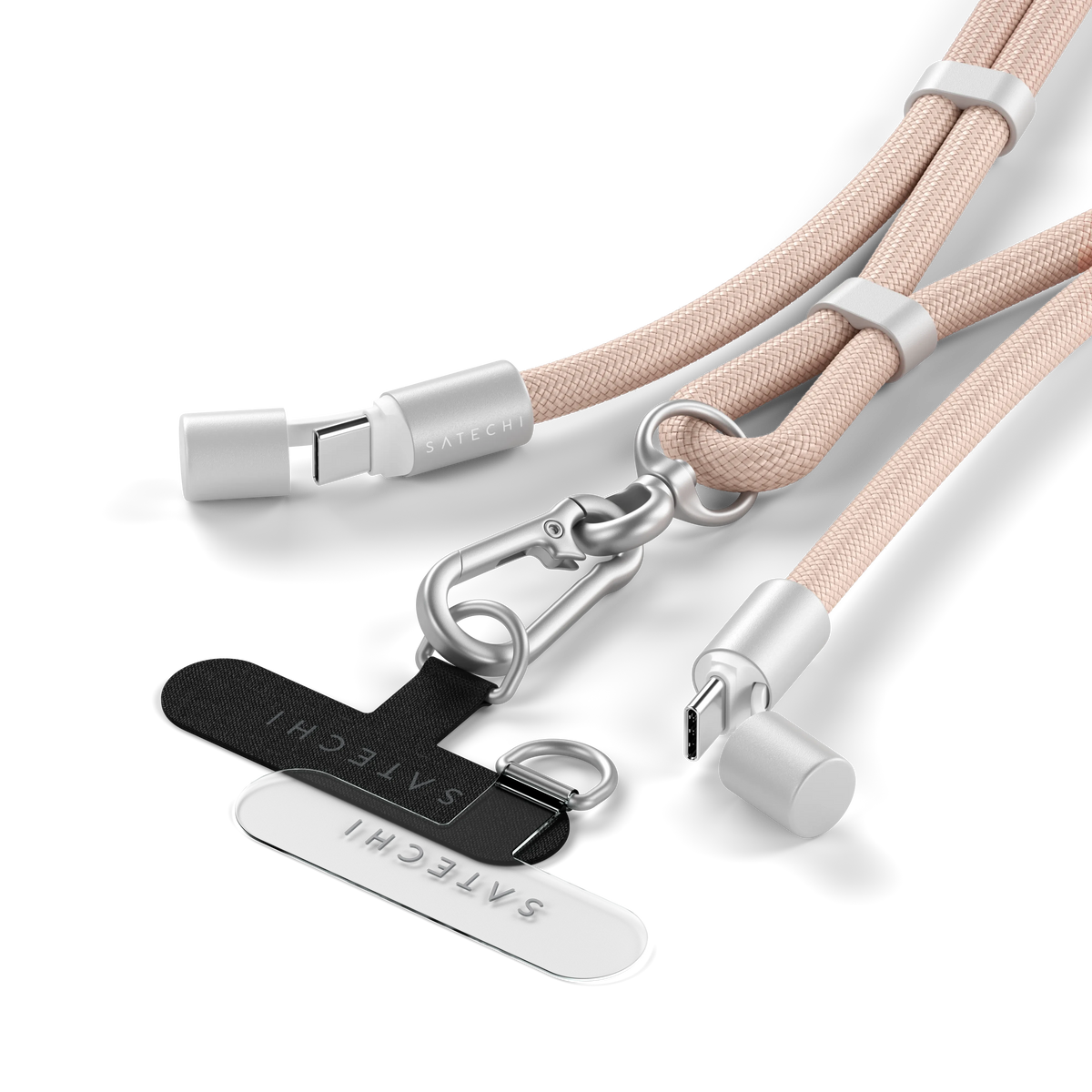 OntheGo USB-C Lanyard Cable in Desert Rose, USB-C ends, clip and phone card connector