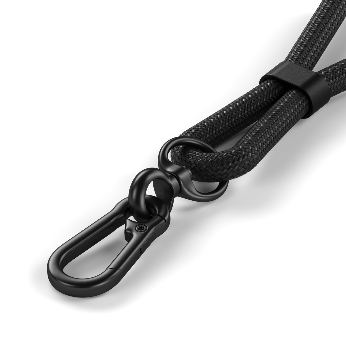OntheGo USB-C Lanyard Cable in Black, carabiner clip, close up